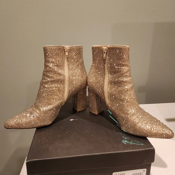 LIGHT GOLD RHINESTONE BLOCK HEEL BOOTIE|  BETSEY JOHNSON, size 7.5 - Picture 9 of 16
